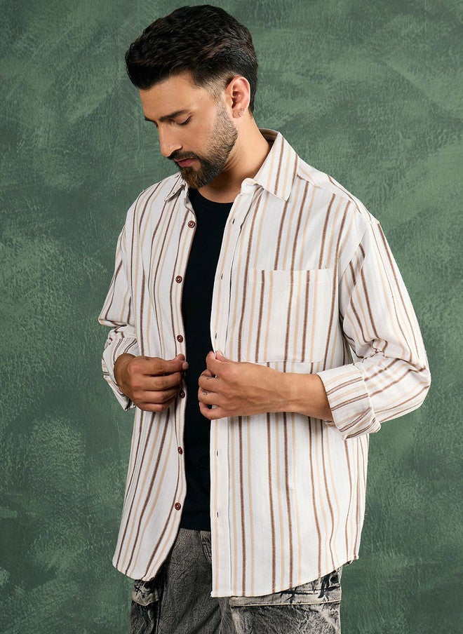 CHIMPAAANZEE Men Oversized Fit Vertical Striped Spread Collar Casual Shirt - Image 4